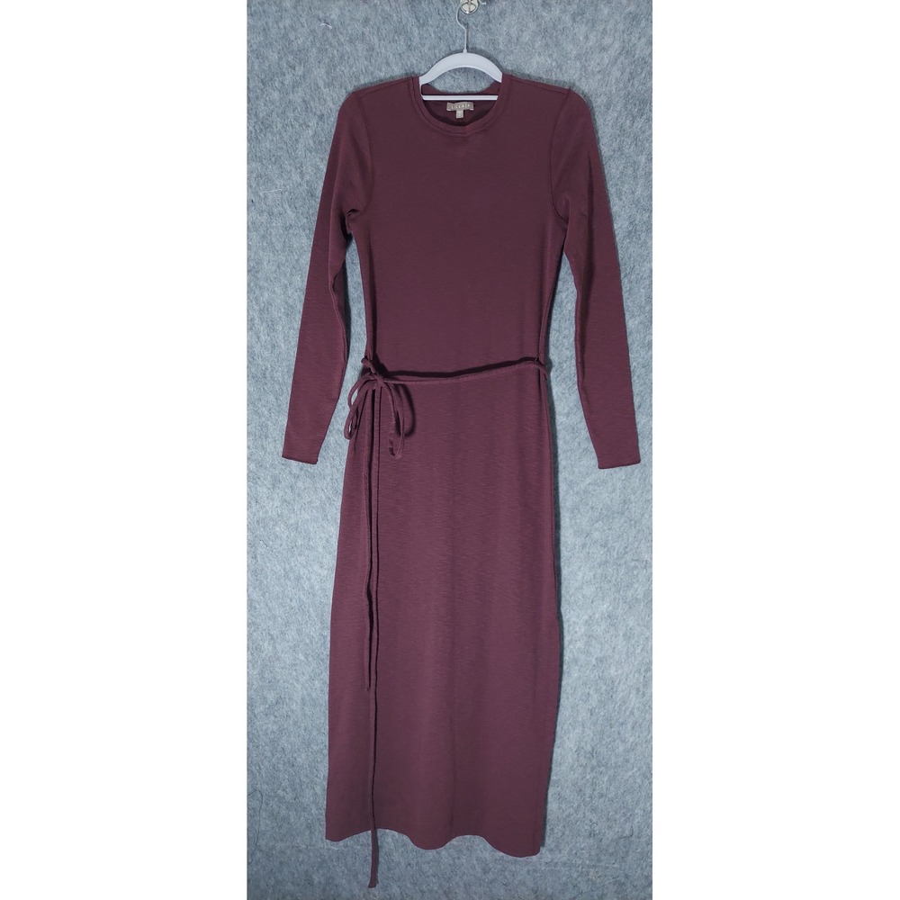 Lilla P Women Cotton Maxi Dress S Burgundy Minimalist Long Sleeve Belted Slit